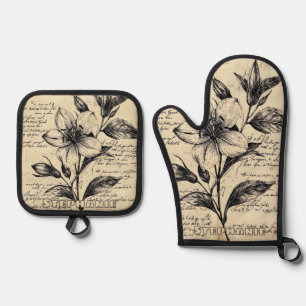 Rustic Floral Sketch with Calligraphy - Aged (5) Oven Mitt & Pot Holder Set