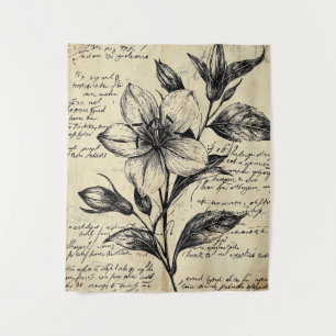 Rustic Floral Sketch with Calligraphy - Aged (5) Tapestry
