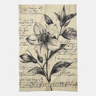 Rustic Floral Sketch with Calligraphy - Aged (5) Tea Towel