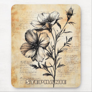 Rustic Floral Sketch with Calligraphy - Aged (6) Mouse Pad