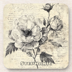 Rustic Floral Sketch with Calligraphy - Aged (7) Coaster