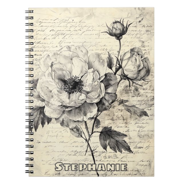 Rustic Floral Sketch with Calligraphy - Aged (7) Notebook (Front)