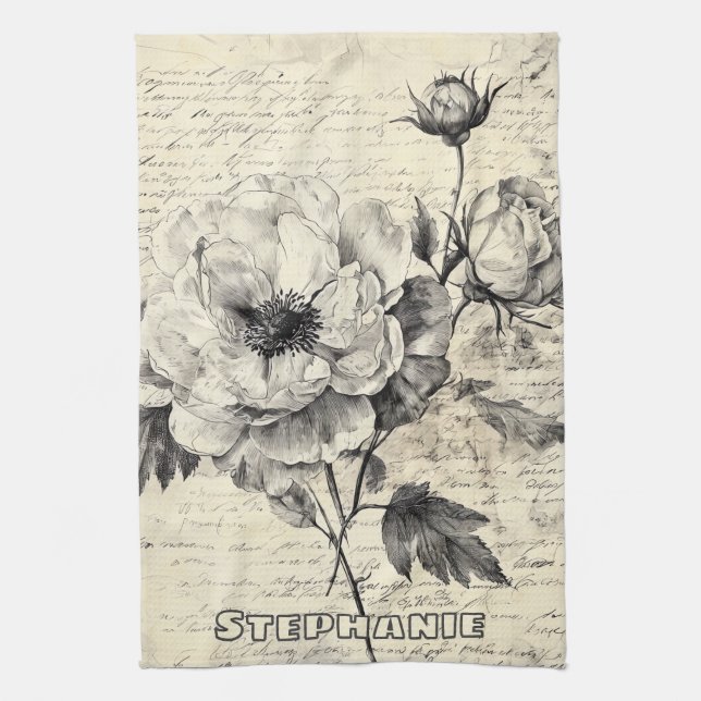 Rustic Floral Sketch with Calligraphy - Aged (7) Tea Towel (Vertical)