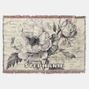 Rustic Floral Sketch with Calligraphy - Aged (7) Throw Blanket
