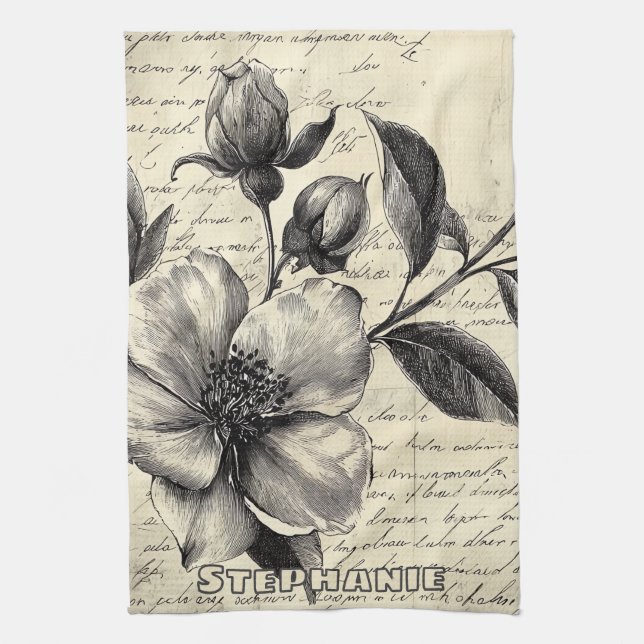Rustic Floral Sketch with Calligraphy - Aged (8) Tea Towel (Vertical)
