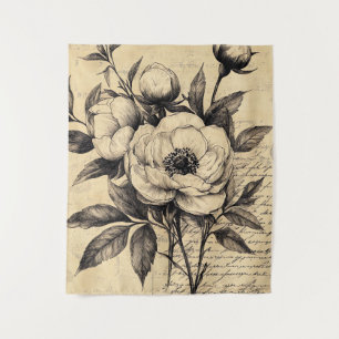 Rustic Floral Sketch with Calligraphy - Aged (9) Tapestry