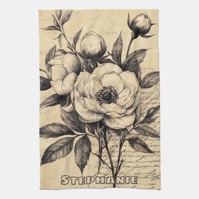 Rustic Floral Sketch with Calligraphy - Aged (9) Tea Towel (Vertical)