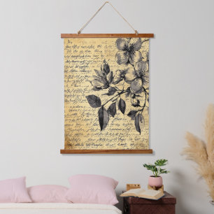 Rustic Floral Sketch with Calligraphy - Aged Hanging Tapestry