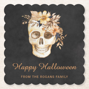 Rustic Floral Skull Halloween Paper Coaster