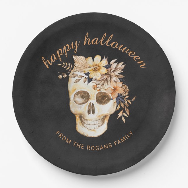Rustic Floral Skull Halloween Paper Plate (Front)