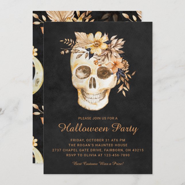 Rustic Floral Skull Halloween Party Invitation (Front/Back)