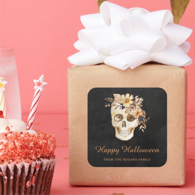 Rustic Floral Skull Halloween Square Sticker (Party)