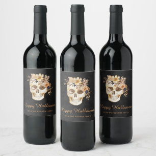 Rustic Floral Skull Halloween Wine Label