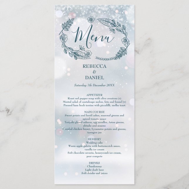 Rustic Floral Snowflakes Winter Wedding Menu (Front)