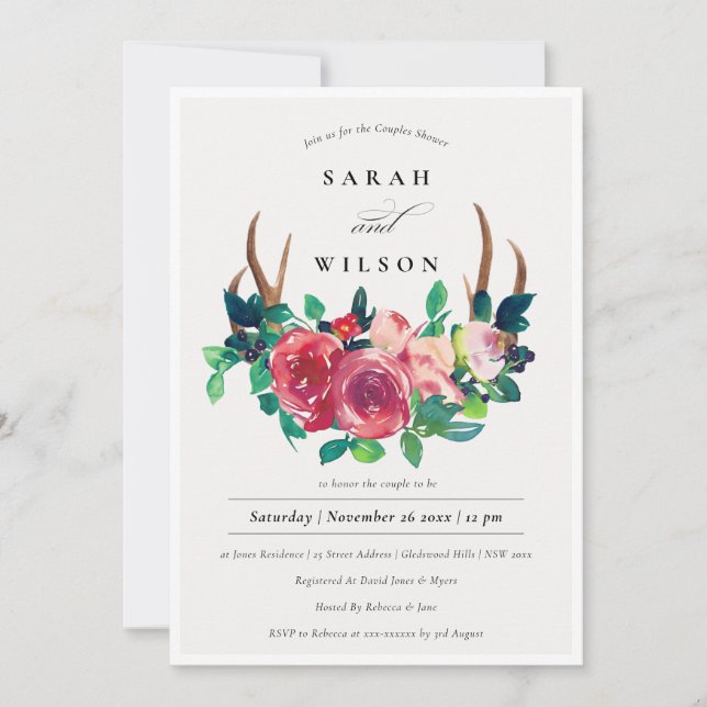 Rustic Floral Stag Antlers Couples Shower Invite (Front)
