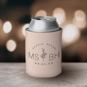 Rustic Floral Stem Wedding Monogram   Blush Can Cooler