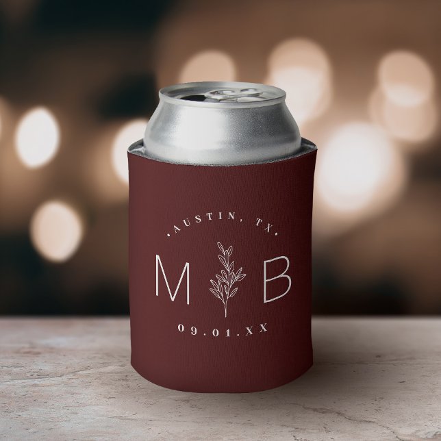 Rustic Floral Stem Wedding Monogram | Burgundy Can Cooler (Creator Uploaded)