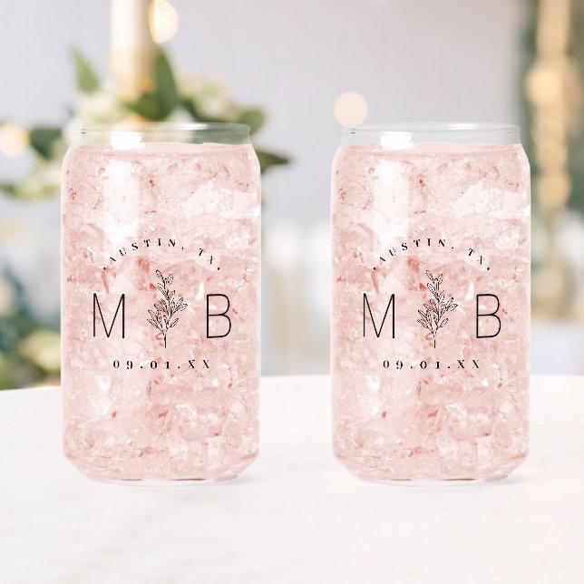 Rustic Floral Stem Wedding Monogram Can Glass (Insitu (Wedding))