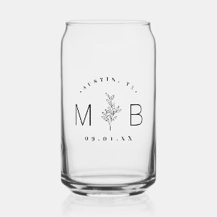 Rustic Floral Stem Wedding Monogram Can Glass