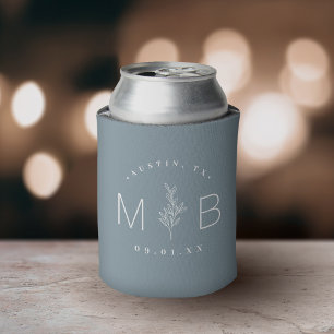 Rustic Floral Stem Wedding Monogram Dusty Blue Can Cooler