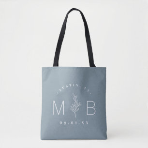 Rustic Floral Stem Wedding Monogram   Dusty Blue Tote Bag