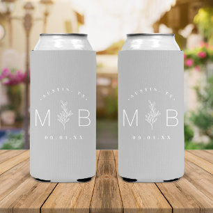 Rustic Floral Stem Wedding Monogram Grey Seltzer Can Cooler