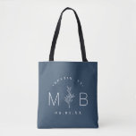Rustic Floral Stem Wedding Monogram | Lake Blue Tote Bag<br><div class="desc">Custom printed tote bags make a fun and functional wedding favour your guests will love! Personalise the template with the bride and groom's names or monogram initials. Add your wedding date, the city, state or venue name or any other custom text. This modern rustic logo-style design has a simple floral...</div>