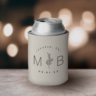 Rustic Floral Stem Wedding Monogram   Light Beige Can Cooler
