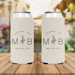 Rustic Floral Stem Wedding Monogram Light Beige Seltzer Can Cooler