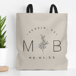 Rustic Floral Stem Wedding Monogram | Light Beige Tote Bag<br><div class="desc">Custom printed tote bags make a fun and functional wedding favour your guests will love! Personalise the template with the bride and groom's names or monogram initials. Add your wedding date, the city, state or venue name or any other custom text. This modern rustic logo-style design has a simple floral...</div>