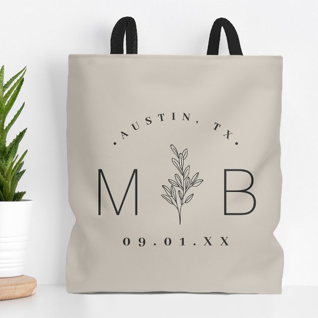 Rustic Floral Stem Wedding Monogram | Light Beige Tote Bag (Creator Uploaded)
