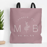 Rustic Floral Stem Wedding Monogram | Mauve Tote Bag<br><div class="desc">Custom printed tote bags make a fun and functional wedding favour your guests will love! Personalise the template with the bride and groom's names or monogram initials. Add your wedding date, the city, state or venue name or any other custom text. This modern rustic logo-style design has a simple floral...</div>