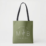 Rustic Floral Stem Wedding Monogram | Olive Green Tote Bag<br><div class="desc">Custom printed tote bags make a fun and functional wedding favour your guests will love! Personalise the template with the bride and groom's names or monogram initials. Add your wedding date, the city, state or venue name or any other custom text. This modern rustic logo-style design has a simple floral...</div>