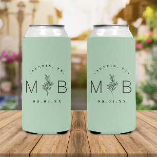 Rustic Floral Stem Wedding Monogram   Sage Seltzer Can Cooler