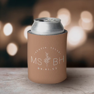 Rustic Floral Stem Wedding Monogram   Terra Cotta Can Cooler