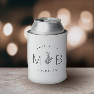 Rustic Floral Stem Wedding Monogram White Can Cooler