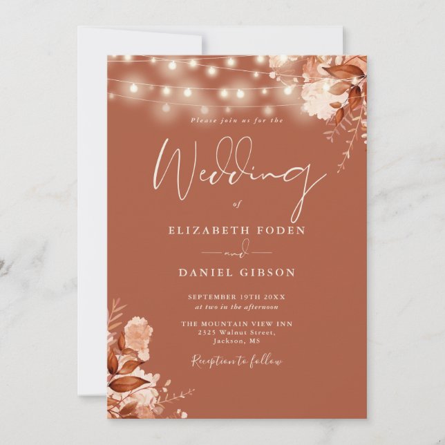 Rustic Floral String Light Terracotta Fall Wedding Invitation (Front)