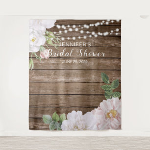 Rustic Floral String Lights Bridal Shower Backdrop Tapestry