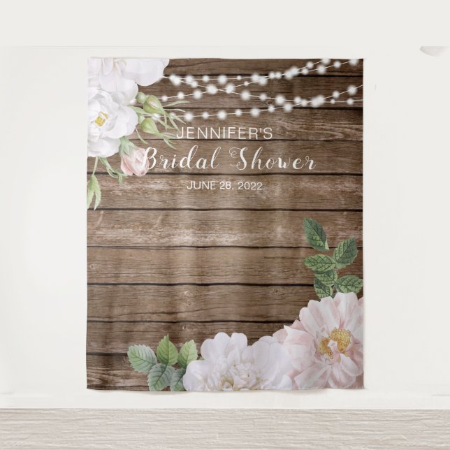 Rustic Floral String Lights Bridal Shower Backdrop Tapestry (Front)