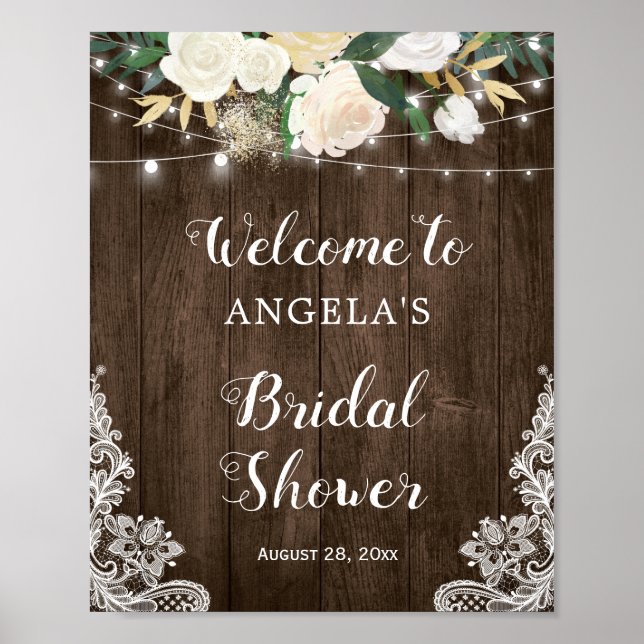 Rustic Floral String Lights Bridal Shower Sign (Front)