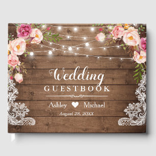 Rustic Floral String Lights Lace Wedding Guest Book