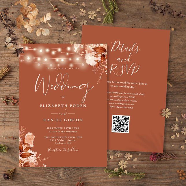 Rustic Floral String Lights QR Code Fall Wedding Invitation (Rustic Floral String Lights QR Code Fall Wedding Invitation)