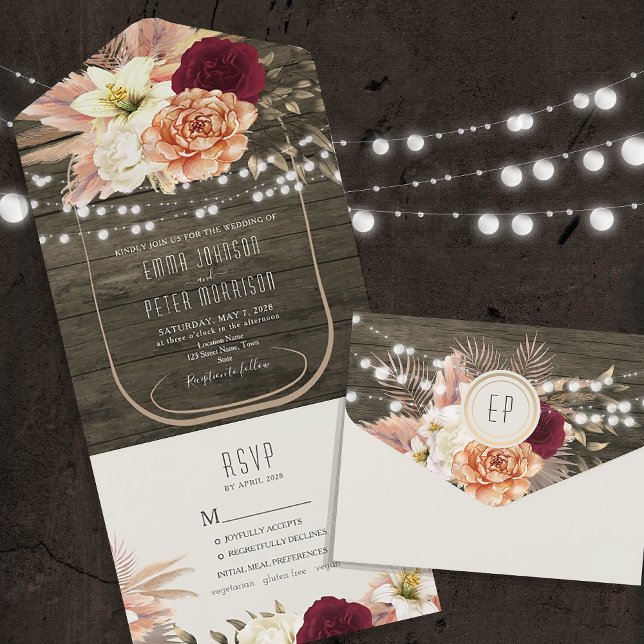 Rustic Floral String Lights Wedding All In One Invitation (Creator Uploaded)