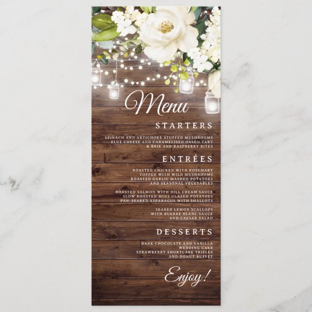 Rustic Floral String Lights Wedding Dinner Menu (Front)