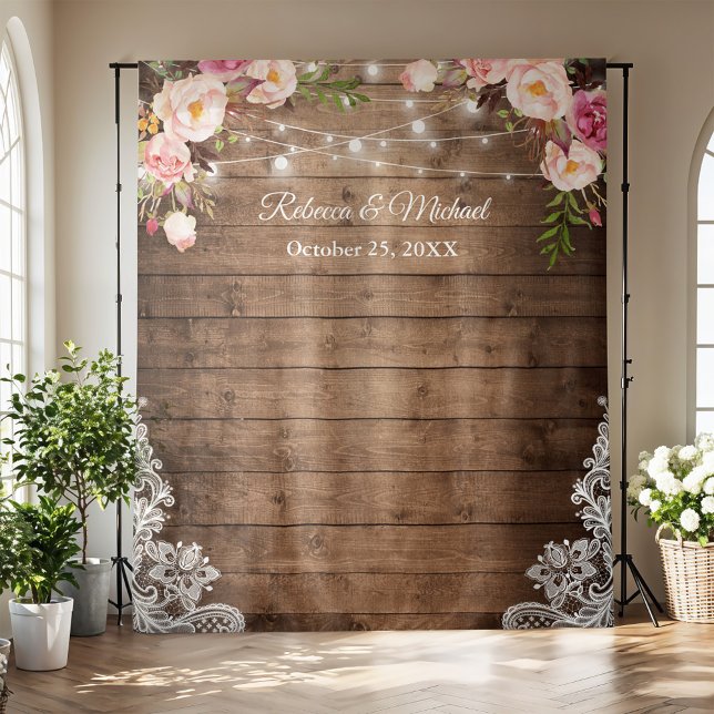 Rustic Floral String Lights Wood Wedding Backdrop Tapestry (Creator Uploaded)
