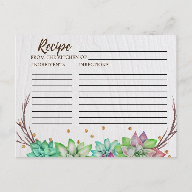 Rustic Floral Succulent Bridal Shower Recipe Cards (Front)