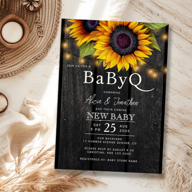 Rustic floral sunflower barbecue BabyQ baby shower Invitation (Creator Uploaded)