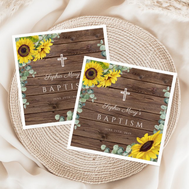 Rustic Floral Sunflower Cross  Baptism  Napkin (Rustic Floral Sunflower Cross Baptism Napkins)
