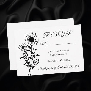 Rustic Floral Sunflower RSVP Black White Wedding Card