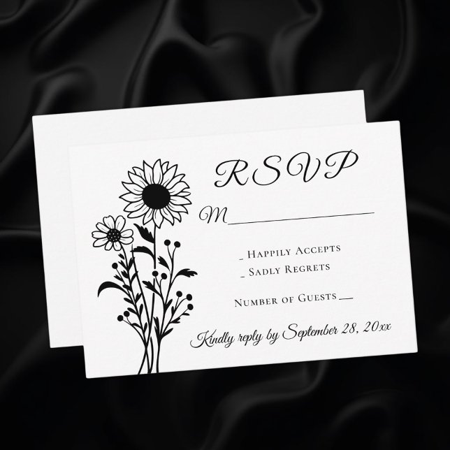 Rustic Floral Sunflower RSVP Black White Wedding Card (Creator Uploaded)